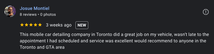 Customer review of professional car detailing services – showcasing mobile car detailing results and