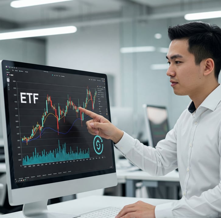 Una gráfica sencilla en una pantalla de ordenador mostrando un ETF con varias líneas de colores y un