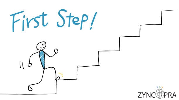 Illustration of a stick figure taking the first step up a staircase with the Zyncopra logo.