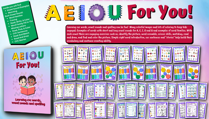 Learning cvc words, vowel sound and spelling can be fun with A E I O U For You!  activity book.