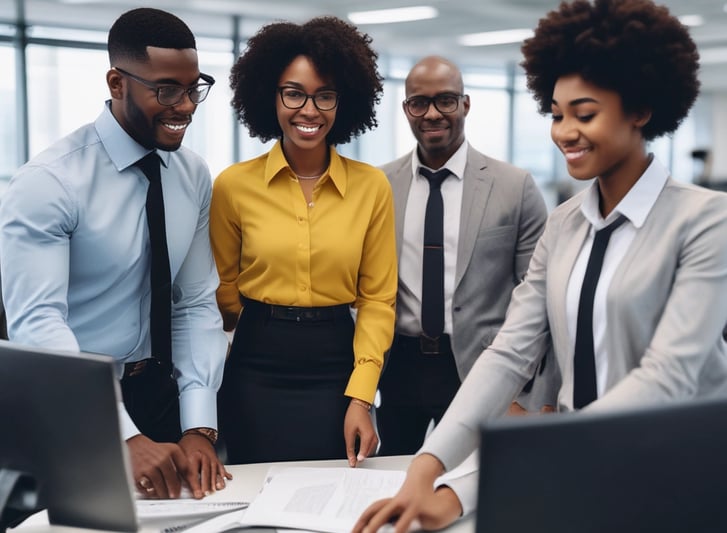 People are working on laptops at a modern office setup. The environment appears collaborative and tech-focused, with laptops, notebooks, and a bright, colorful interior featuring orange and green tones.