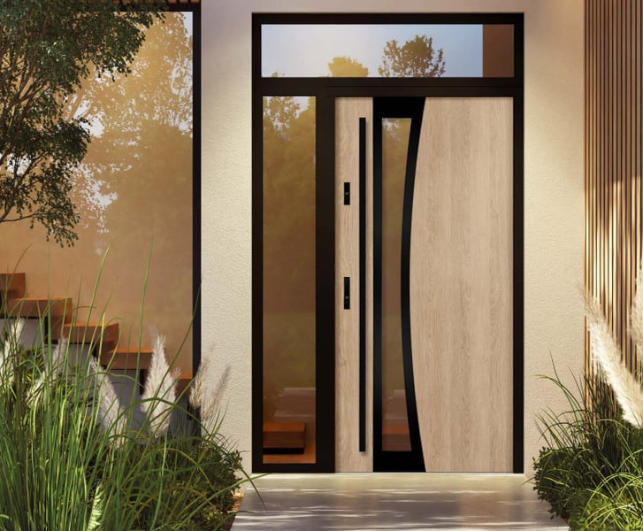 a modern door with a wooden door and a bench