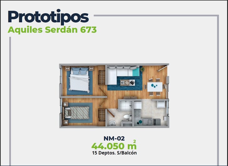 ASER Caracteristicas Departamento. Plano con 2 recamaras, sala comedor, baño y cocina. 44 mts2