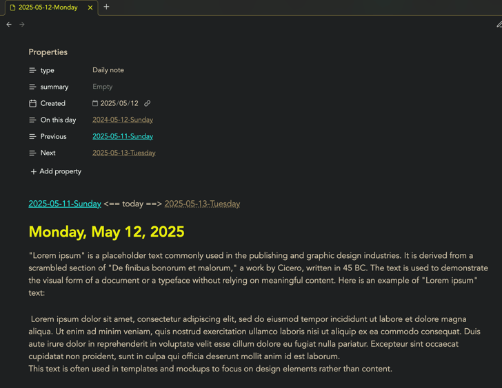 Daily note with prev/next day navigation