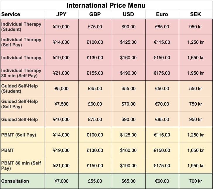 LivFull Psychology Price Menu