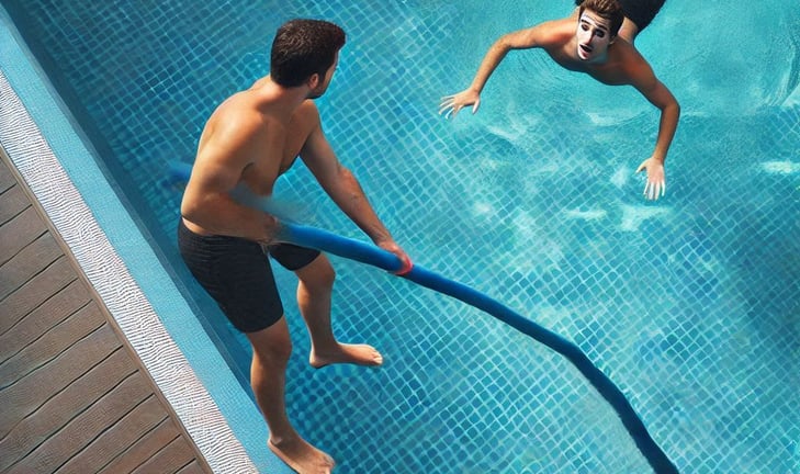 A man saving another man drowning in a swimming pool