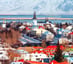 vista da cidade de Reykjavik, montanha nevada ao fundo.