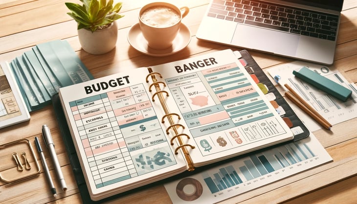 Organized budget planner with categorized sections for income, expenses, and financial goals on a de