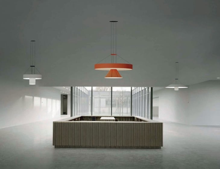 Lámparas técnicas suspendidas en espacio arquitectónico minimalista con luz natural