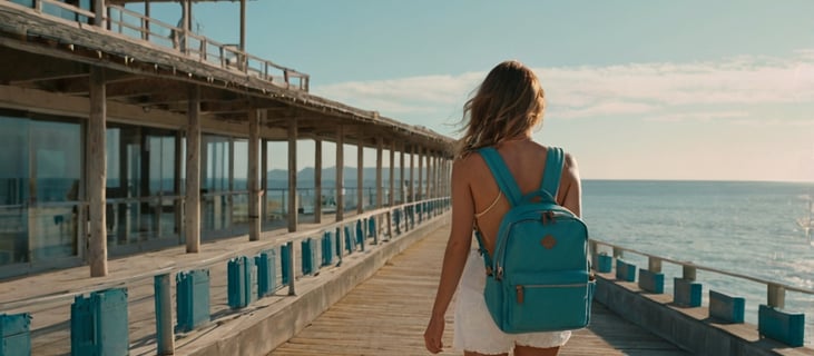 a woman walking on a pier with a backpacker
