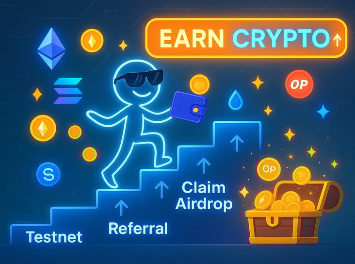 A glowing stick figure wearing sunglasses walks up a futuristic staircase labeled "Testnet," "Referr