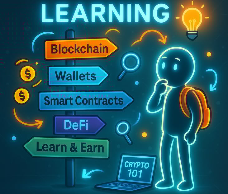 A curious stick figure with a backpack stands next to a glowing signpost pointing to key crypto topi