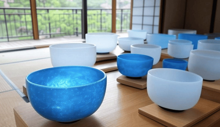 Crystal singing bowls in a beautiful set up and room, with a nature view