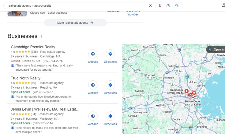 Screenshot of a search for real estate agents massachussetts, showing the importance of local SEO