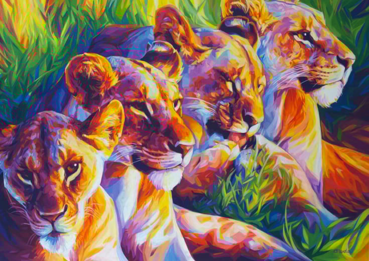a painting of four lionesses lying in the grass in bright primary colours