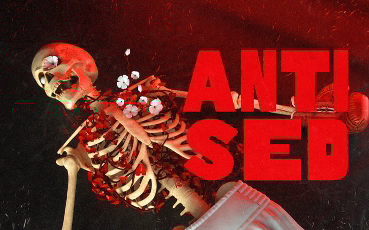 Esqueleto con flores saliendo de su pecho acompañado de la palabra anti sed