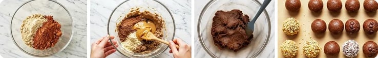 Making protein bites: mix, form dough, and roll into balls with toppings.