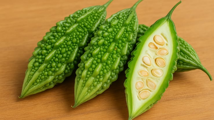 3 pieces of bitter melon and one sliced on a wood surface.