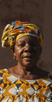 an old African woman in a yellow dress