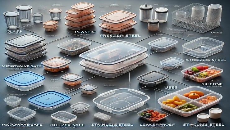 A detailed infographic illustrating different storage container materials, sizes, and uses for meal prep.