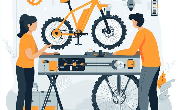 a man and woman working on a bicycle