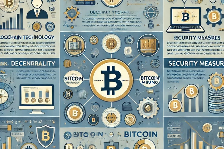 An informative infographic highlighting key aspects of Bitcoin, including blockchain technology