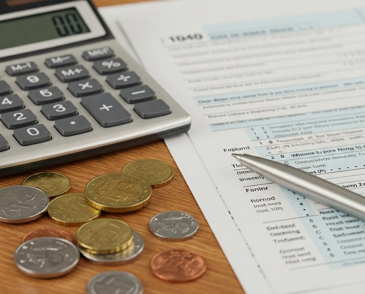  imagen de una calculadora junto a formularios de declaración de la renta