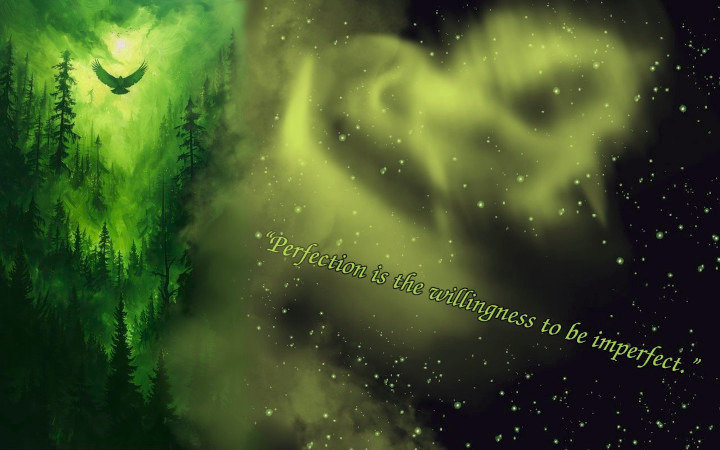a green and white photo of a bird flying over a forest with words in Northern Lights stary night sky
