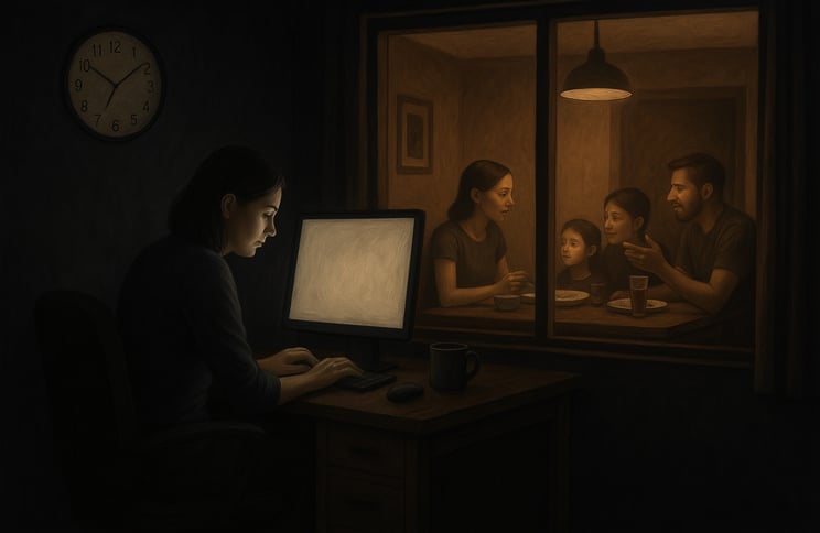 a woman sitting at a computer desk with a man in a dark room