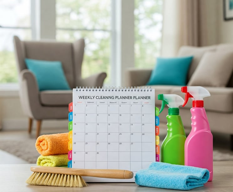 foto de un planificador semanal de limpieza, rodeado de productos de limpieza básicos