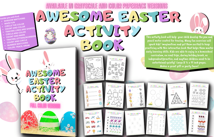 Coloring, matching, maze, count and color, tracing letters and numbers and so much more.