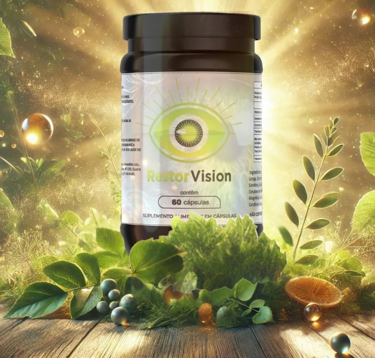 imagem do frasco suplemento RestorVision para rejuvenescimento ocular , com fundo sol brilhando 