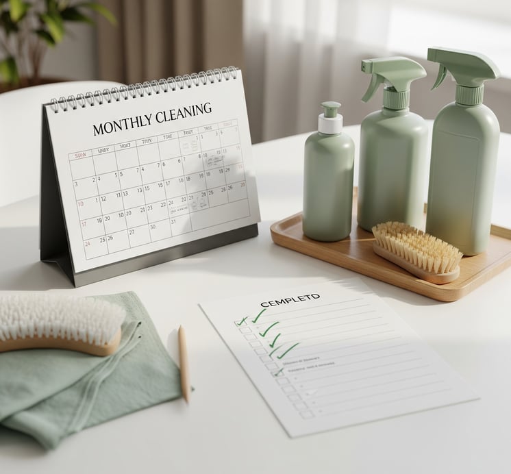 Calendario mensual de limpieza sobre una mesa, junto a productos de limpieza naturales y checklist 