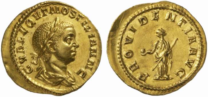 moneda de oro de Hostiliano