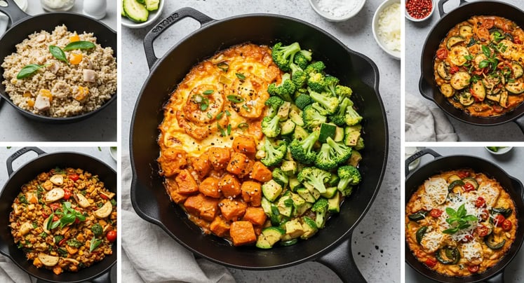 A selection of healthy one-pan meals with quinoa, chicken, roasted vegetables, and zucchini.