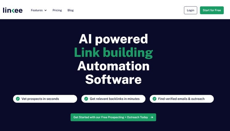 Screenshot of Linkee link building tool's homepage