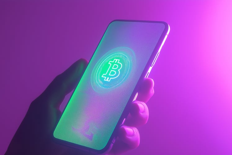 a Digital Frontier Employee holding a phone with a bitcoin on it