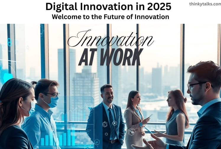 Digital Innovation in 2025, Team in a smart office discussing digital innovation.