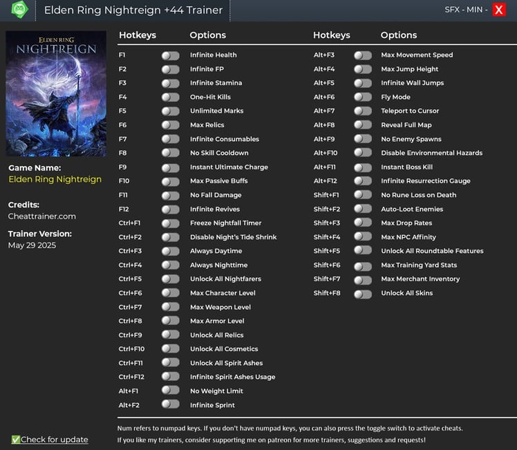 a screen shot of a trainer showing a list of elden ring nightreign cheats and keys