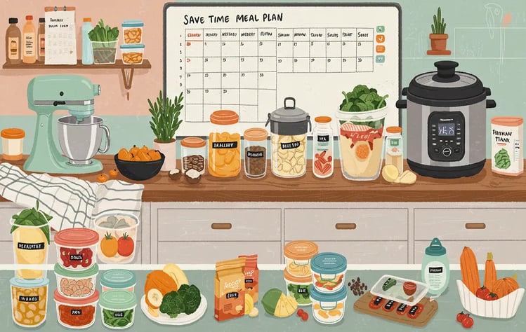 A tidy kitchen with labeled food containers, a meal plan calendar, and kitchen appliances, highlight