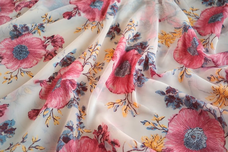 A photo of a printed polyester chiffon fabric. The fabric has a floral pattern in shades of pink, blue, and yellow on a white