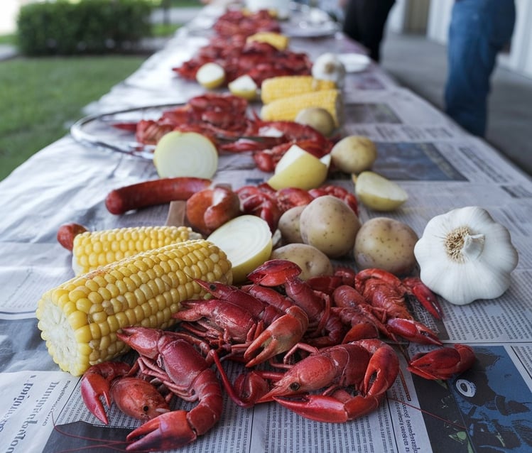 a table with a bunch of crawfish and potatoes