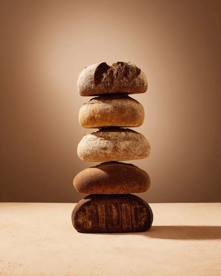 Torre de panecillos, fotografía gastronómica IA