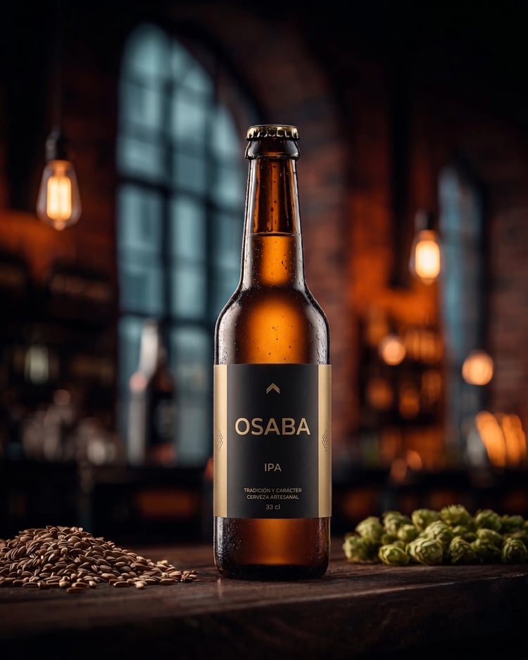 Cerveza artesanal IPA con lúpulo en ambiente industrial