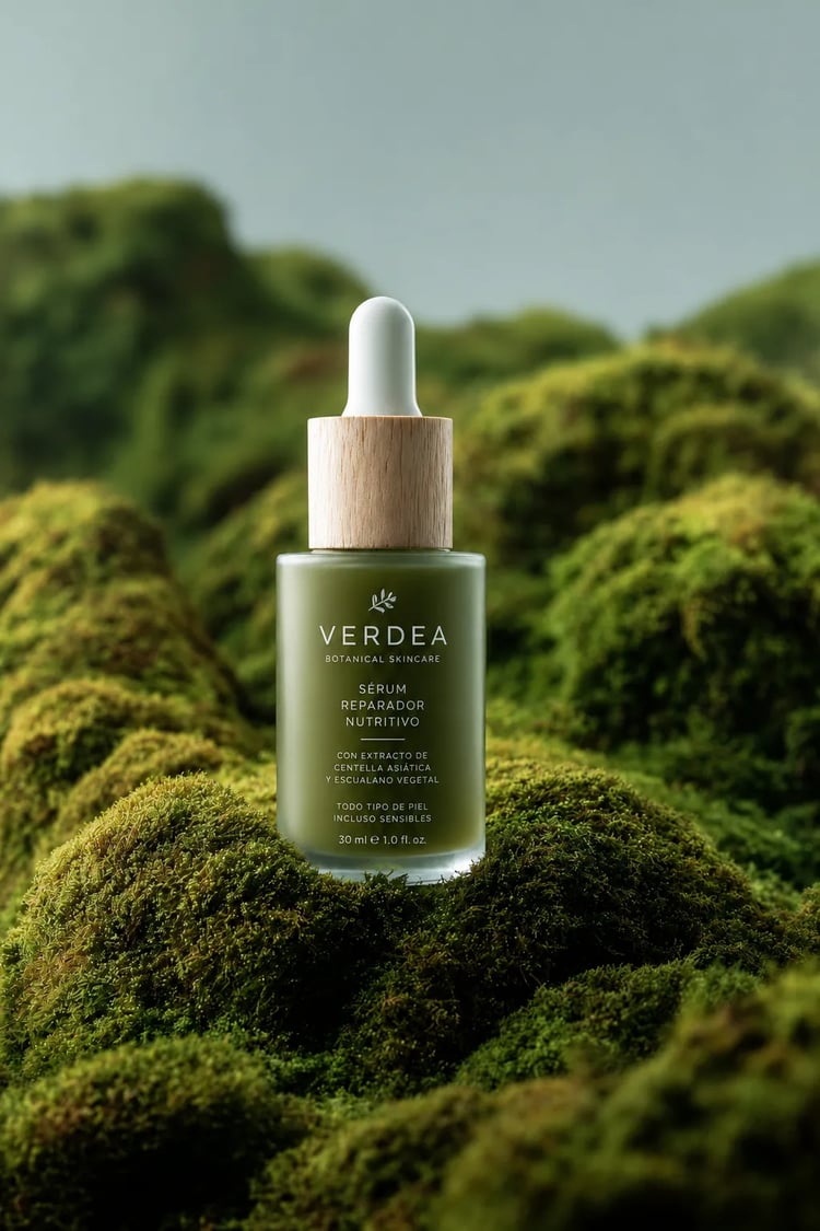 Cosmético sobre pedestal verde, fotografía minimalista IA