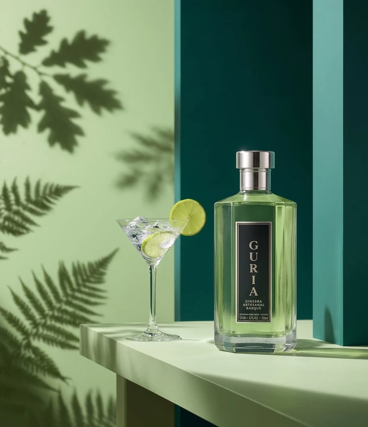 Botella de ginebra con botánicos, fotografía de producto IA