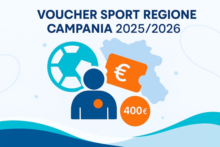 Illustrazione CAF Public sul Voucher Sport Campania 2025/2026 con simboli sportivi e bonus