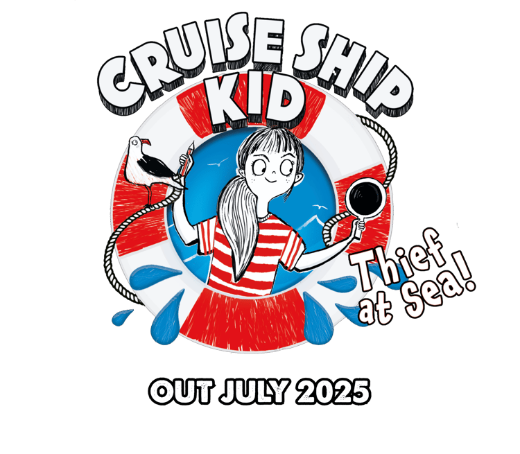 Illustrated cover logo of Cruise Ship Kid by children's author Emma Swan. Silver is a detective