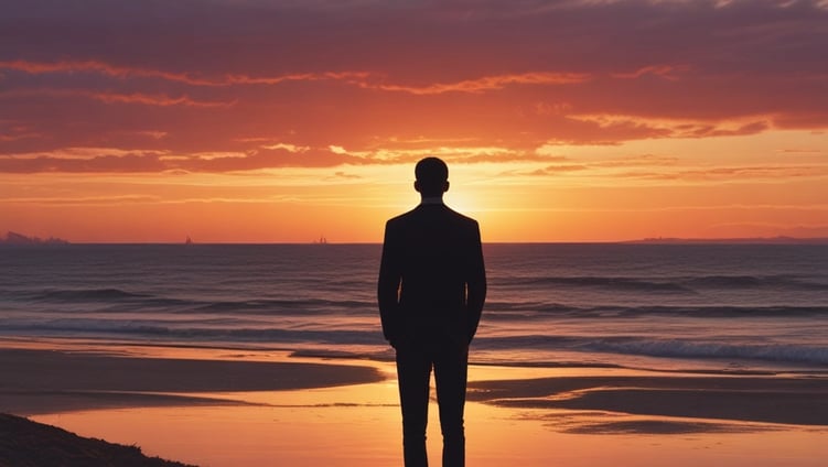 a man standing in a field with a sunset in the background