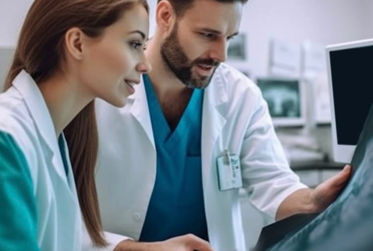 a dentist and dental hygienist looking at a computer screen